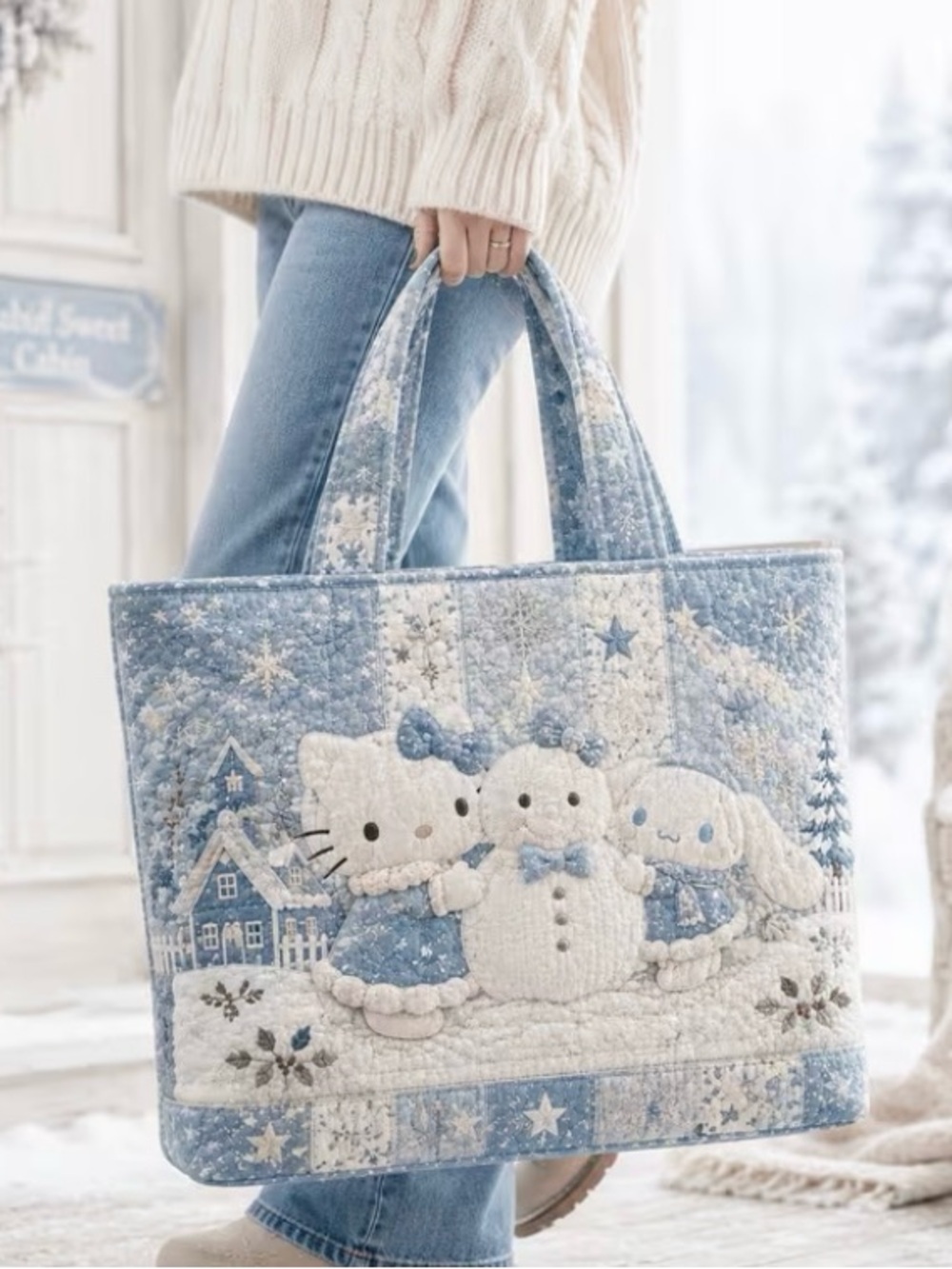 Hello Kitty Quilted Winter Snowman Tote Bag - Light Blue & White